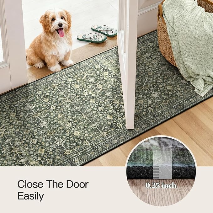 Lofus 2X 6 Area Rug, Green Washable Runner Rugs for Hallways with Non Slip Rubber Backing, Low Pile Soft Carpet Runner for Kitchen Bathroom Bedroom Laundry