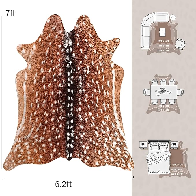 AROGAN Premium Deer Print Rug 6.2x7 Feet, Machine Washable Faux Fur Rug, Non-Slip Animal Print Hide Deer Skin Area Rug for Bedroom Living Room Home Decor