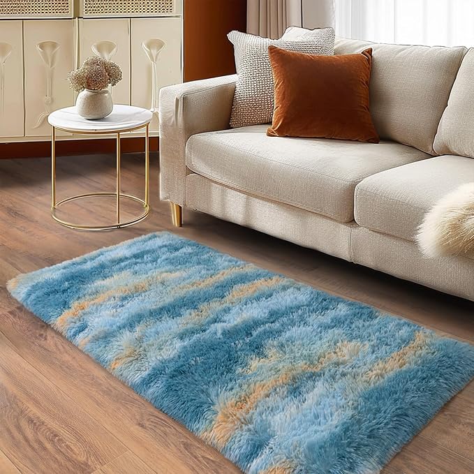 Soft Runner Rugs for Bedroom Hallways, 2x4 Abstract Blue Fluffy Shag Throw Area Rug Non Slip for Bedside Dorm, Long Shaggy Furry Carpet for Nursery Living Room