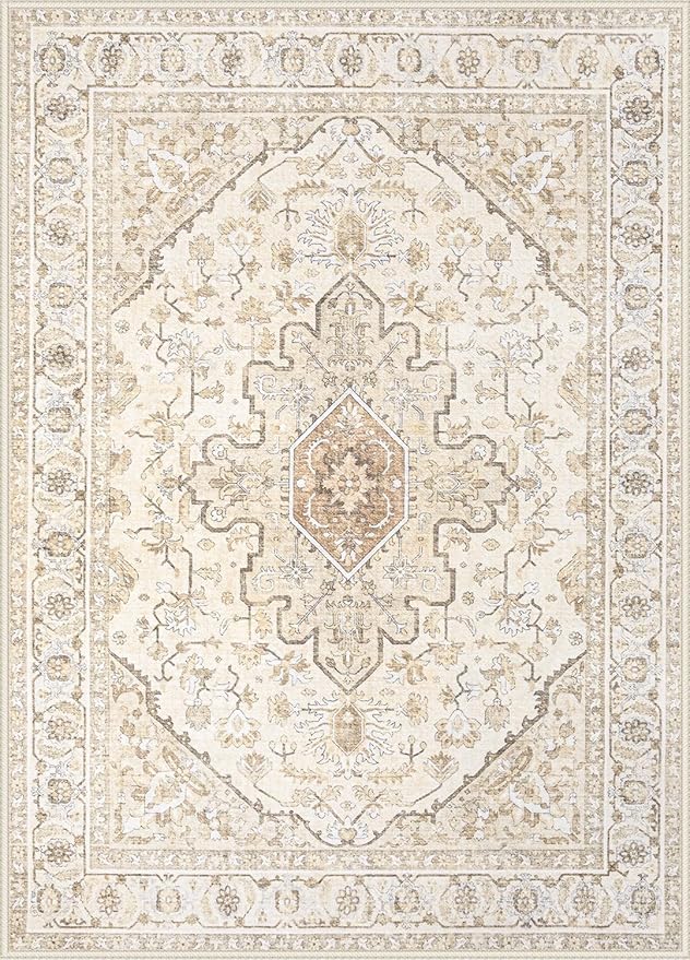 Area Rugs 6x9 Vintage Rug: Washable Living Room Rug Retro Medallion Distressed Large Soft Low Pile Non-Slip Indoor Floor Carpet for Bedroom Kitchen Nursery Dining Table Office (BeigeBrown, 6'x9')