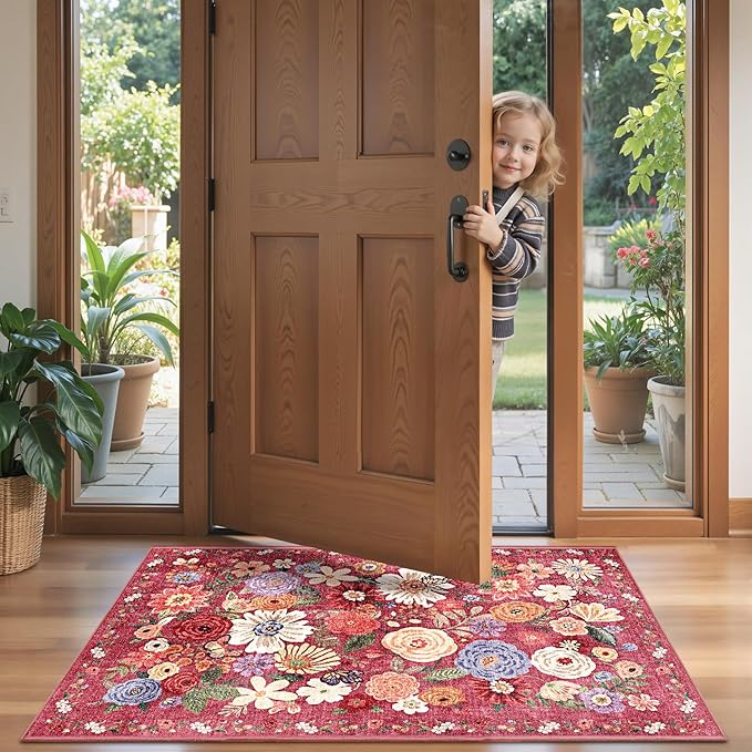 2x5 Entryway Runner Rugs, Non Slip Washable Rugs with Rubber Backing Soft Floral Carpet Runner for Kitchen, Laundry, Bedroom, Bathroom(2 x 5, Red Garden)
