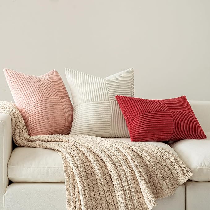 MIULEE Beige Decorative Lumbar Throw Pillow Covers 14x24 Inch for Couch Bed Sofa Pack of 2 Boho Neutral Farmhouse Throw Pillows Soft Cross Corduroy Patchwork Textured Cushion Cases