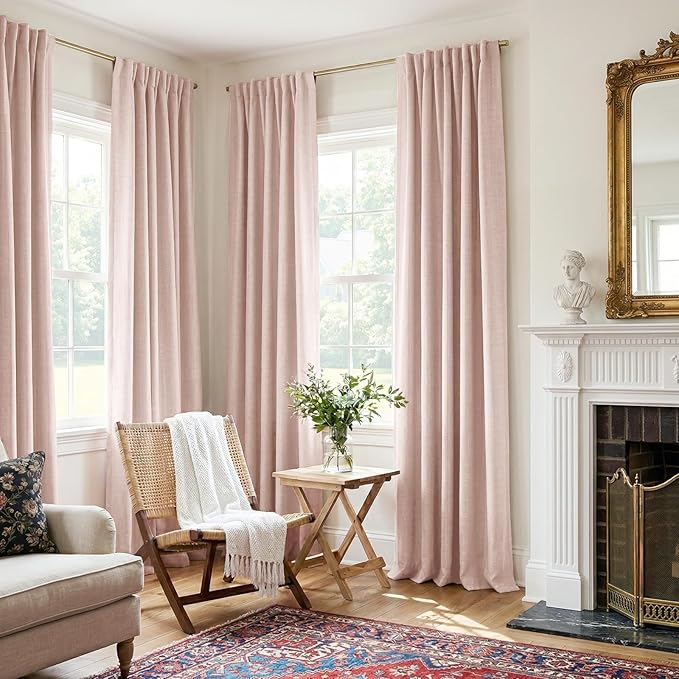 100% Blackout Shield Light Pink Linen Blackout Curtains for Bedroom 90 Inches Long, Back Tab/Rod Pocket Living Room Drapes, Thermal Insulated Blackout Curtains 2 Panels Set, 50" W x 90" L