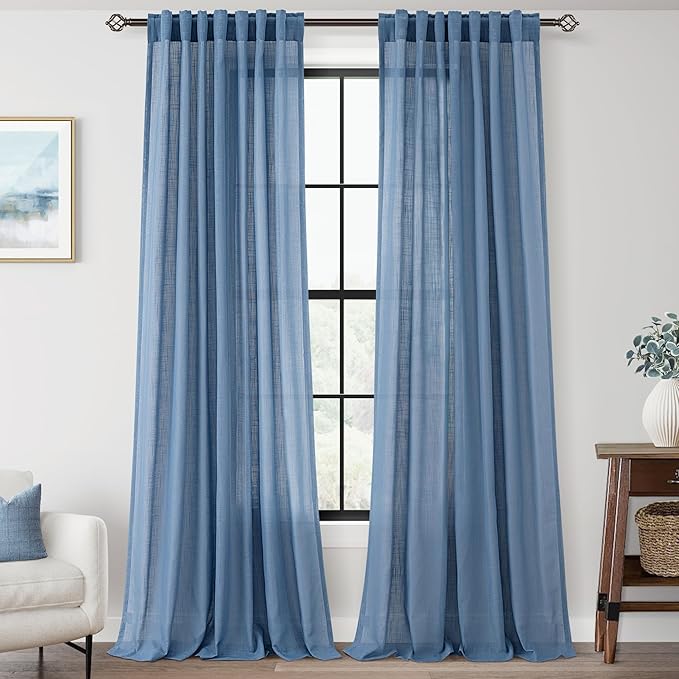 Denim Blue Curtains for Living Room Back Tab Modern Farmhouse Semi Sheer Blue Curtains 132 inches Long 2 Panels Set Muted Neutral Window Curtain for Dining Room Bedroom 52x132