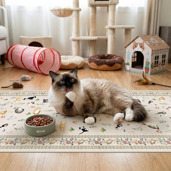 2x5 Washable Kitchen Runner Rug - Soft Low Pile Floral Animal Cat Print Rugs with Non-Slip Backing Waterproof Stain-Resistant Indoor Carpet for Hallway Entryway Bathroom Bedroom (Light Beige)
