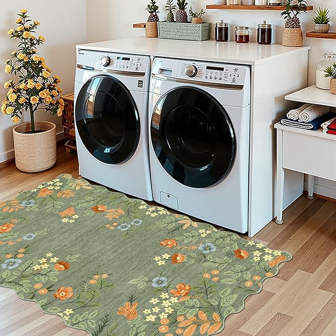 Sage Green Floral Entry Rug - 3x5 Ft Washable Indoor Outdoor Mats for Front Door Non-Slip Porch Rug Non-Slip Boho Throw Rugs for Living Room Bedroom Entryway Kitchen Office Porch Decor