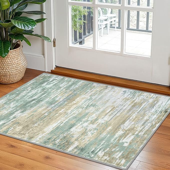 KOZYFLY Small Area Rug 2x3 Rug Entryway Rugs Modern Abstract Indoor Non-Slip Machine Washable Rug Light Green Yellow, Dining Room Rug with Soft Low Pile for Kitchen Bath Office Small Carpet Floor Mats