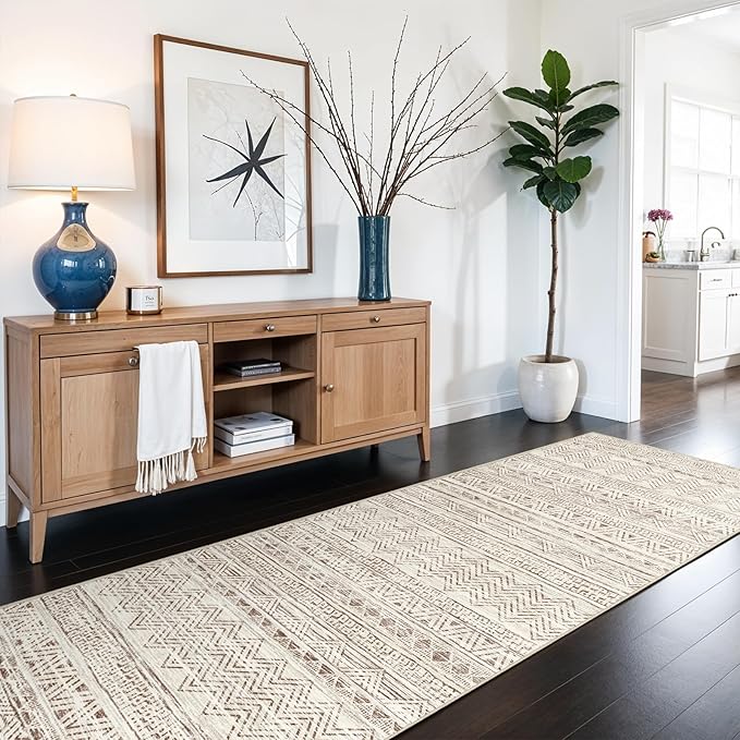 3x6 Washable Hallway Runner Rug - Moroccan Non-Slip Long Runners for Entryway Soft Modern Geometric Low-Pile Rugs for Kitchen Waterproof Neutral Carpet for Bedroom Bathroom Laundry 3x6 Beige
