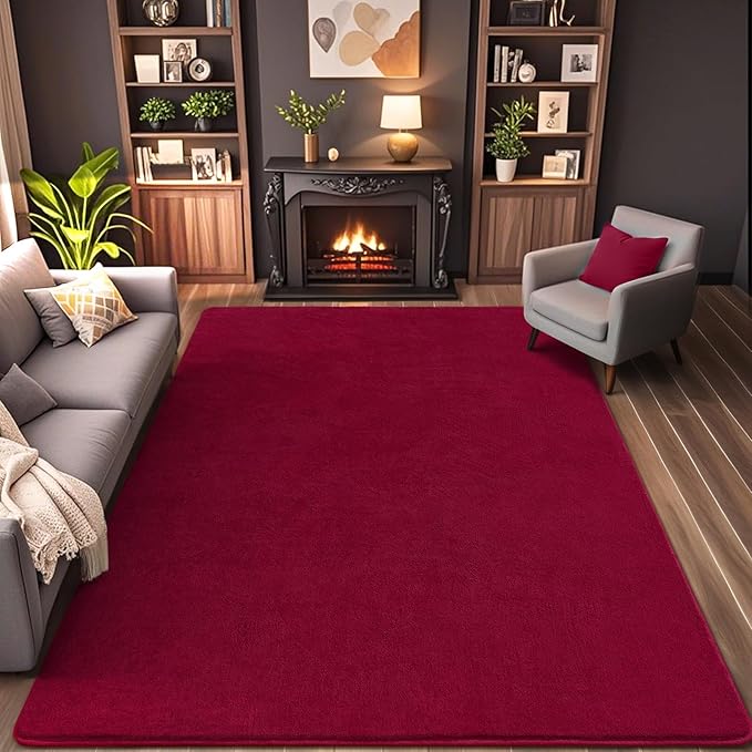 AROGAN Modern Shag Area Rug for Bedroom, 4x6 Feet Washable Rugs for Living Room, Indoor Floor Carpet Rugs, Plush Memory Foam Bedside for Kids Girls Teens Room Low Pile Rug Decor, Wine Red