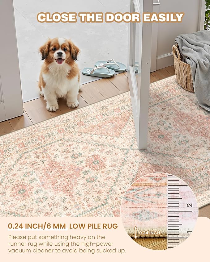 Hallway Runner Rug 2x12, Extra Long Washable Runner Rugs with Rubber Backing, Non Slip Runner, Vintage Rug Runners for Kitchen Laundry Room Entryway (Pink,2'x12')