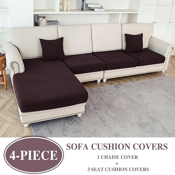 Couch Cushion Covers for Sectional Sofa L Shape Washable Separate Seat Chaise Couch Cover Stretch Sofa Slipcovers with 2 Pcs Pillowcases(3 Seater + 1 Chaise, Brown)