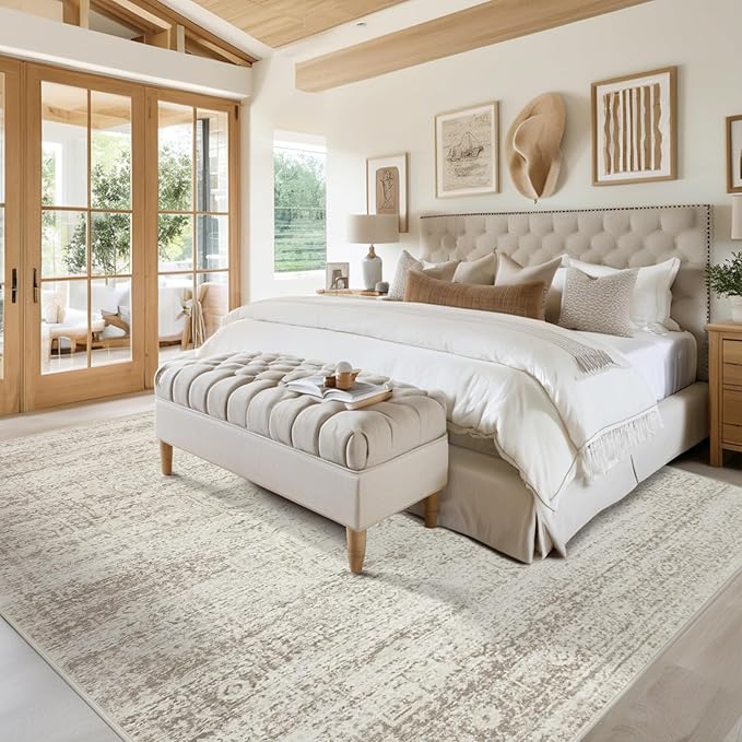 Washable Area Rug for Living, Bedroom & Dining Room, Ultra Soft Faux Wool Retro Large Carpet, Non-Slip/Shedding Low Pile Vintage Print for Home Office Decor, Beige Ivory Cream Brown Camel, 5x7