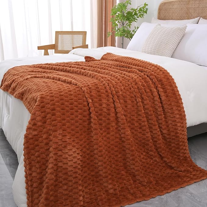 Puncuntex Burnt Orange Throw Blanket 108"×90" inches Fuzzy 3D Jacquard Decorative Flannel Fleece Super Soft Plush Cozy Blanket for Couch Sofa Chair Lightweight