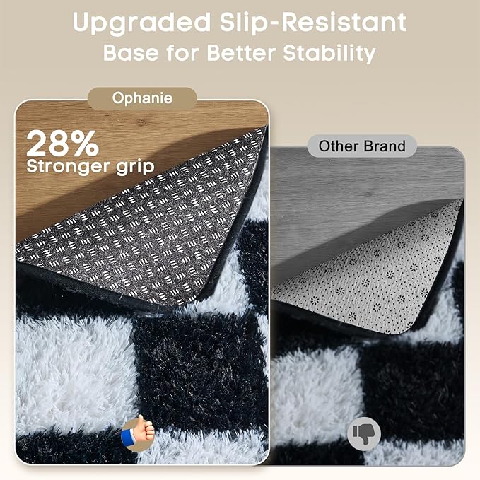 Ophanie Checkered Black & White Rug for Living Room Bedroom, Fluffy Soft Cute Fuzzy Area Rugs, Shag Plush Shaggy Bedside Floor 6x9 Furry Carpet for Kids Baby Teen Dorm Nursery Home Decor Aesthetic