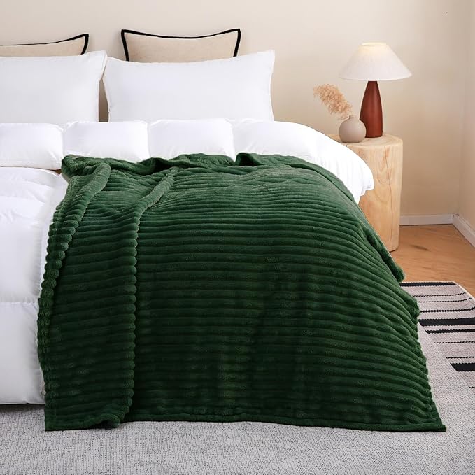 Green Fleece Throw Blanket 50”×60” for Couch Sofa Bed,Super Soft Cozy Plush Microfiber Flannel Blanket with Stripes Design Lightweight for Adults Woman Girls