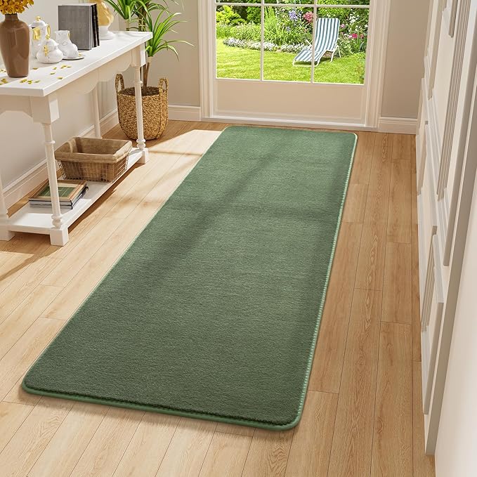 Amearea Modern Soft Hallway Runner Rug, 2x6 Fluffy Bedroom Bedside Rugs, Washable Long Runner Rugs for Hallway, Non Slip Memory Foam Rug Carpet for Entrance Kitchen Living Room Decor, Sage Green