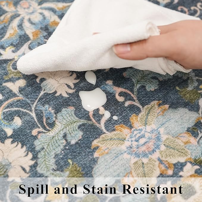 Washable 2x3 Runner Rug for Entryway: Easy-Clean Carpet with Non-Slip Backing for Bedroom Kitchen Stain-Resistant Shedding-Free Floor Mat – Perfect for High-Traffic Areas with Pets (2x3,Floral/Blue)