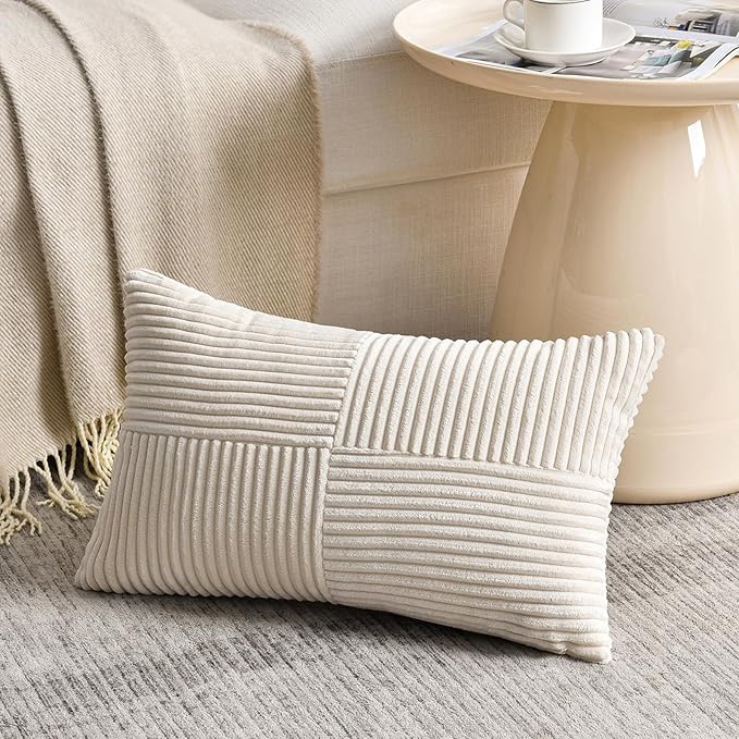 Fancy Homi 2 Packs Cream Lumbar Decorative Throw Pillow Covers 16x26 Inch for Living Room Couch Bed Sofa, Rustic Farmhouse Boho Home Decor, Soft Striped Corduroy Rectangle Accent Cushion Case