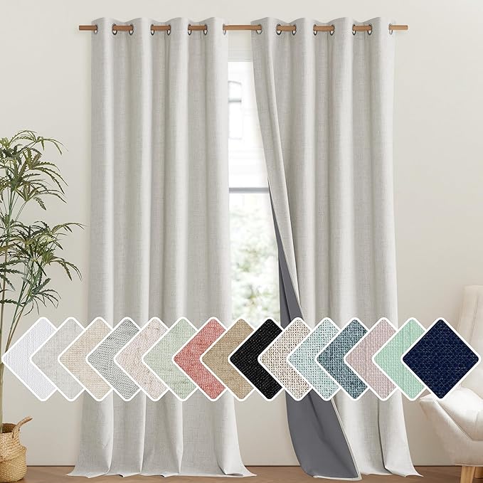 NICETOWN Snowbound Vintage Linen 100% Blackout Curtains for Living Room, Thermal Insulated Curtains 108" Long, Noise Reducing Window Treatment Drapes for Hall Room, 52" Wide Per Panel, Set of 2