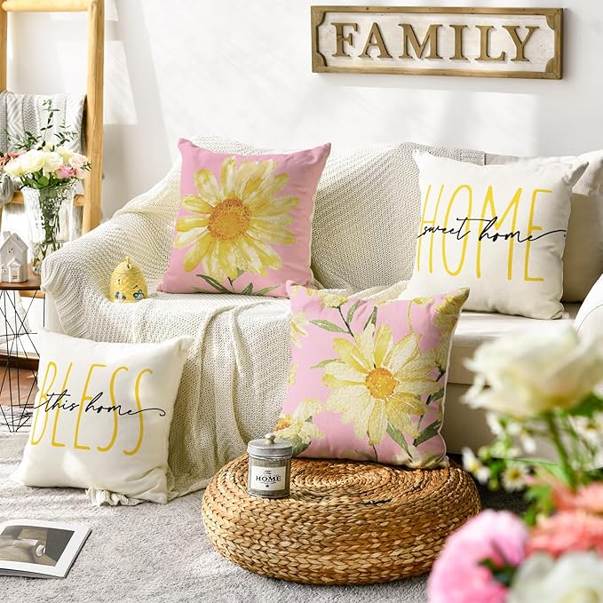AVOIN colorlife Home Sweet Home Spring Summer Flowers Pink Throw Pillow Covers, 18 x 18 Inch White Cushion Case for Sofa Couch Set of 4