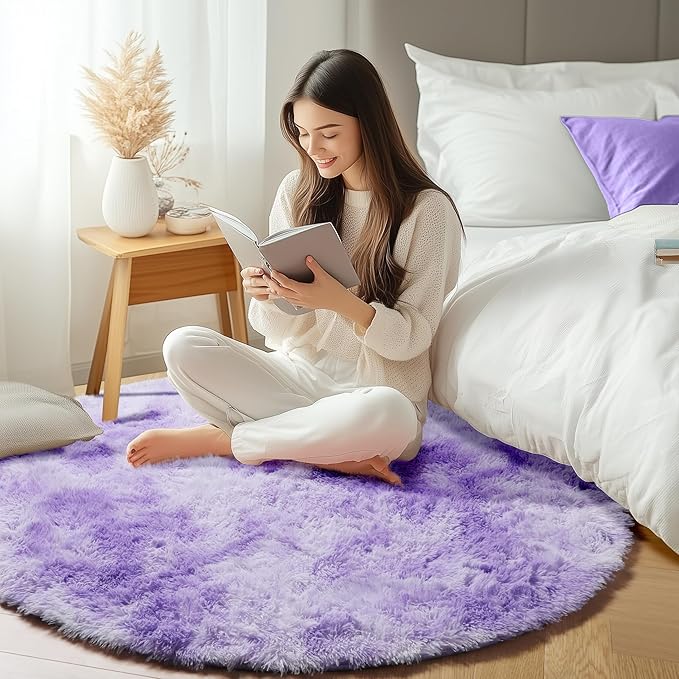 ONASAR Tie-Dyed Purple Round Area Rug 4ft, Soft Bedroom Circle Rugs Floor Mats for Kids Girls Teen Room, Kawaii Fluffy Plush Shaggy Carpet for Baby Nursery Living Room Playroom Home Decor