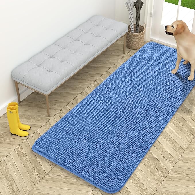 OLANLY Dog Door Mat for Muddy Paws 59x24, Absorbs Moisture and Dirt, Absorbent Non-Slip Washable Doormat, Quick Dry Chenille Mud Mat, Entry Indoor Entryway Carpet for Inside Floor, Cornflower Blue