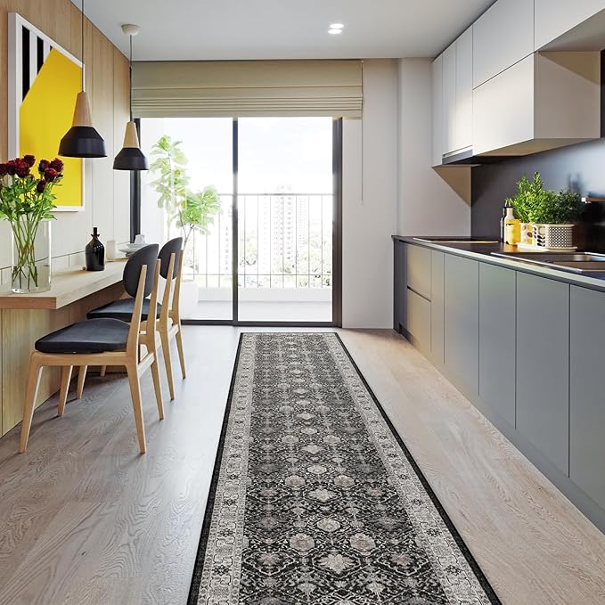 Hallway Washable Runner Rug - 2'6x12 Kitchen Rugs Entryway Rug Runner Vintage Soft Floor Mat Non Slip Indoor Farmhouse Carpet for Bathroom Living Room Bedroom (2'6''x12', Black)