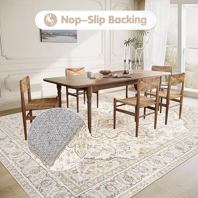 Area Rugs 5x7 Vintage Rug: Washable Living Room Rug Retro Medallion Distressed Large Soft Low Pile Non-Slip Indoor Floor Carpet for Bedroom Kitchen Nursery Dining Table Office (BeigeBrown, 5'x7')