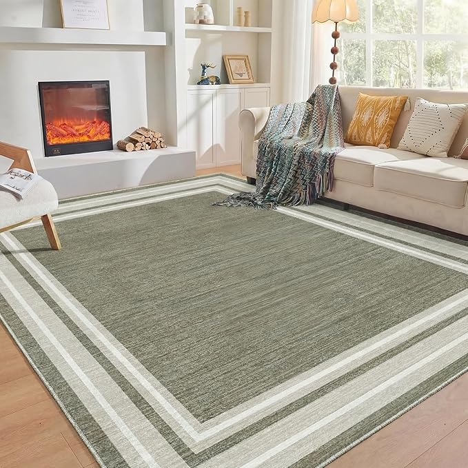 OPPODREAM Border Soft Area Rugs 5x7, Washable Brown Rug with Non Slip Backing, 5 x 7 Faux Cashmere Low-Pile 5x7 Carpet