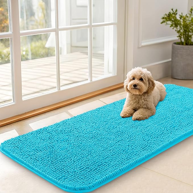 OLANLY Dog Door Mat for Muddy Paws 47x20, Absorbs Moisture and Dirt, Absorbent Non-Slip Washable Doormat, Quick Dry Chenille Mud Mat for Dogs, Entry Indoor Entryway Carpet for Inside Floor, Aqua Blue
