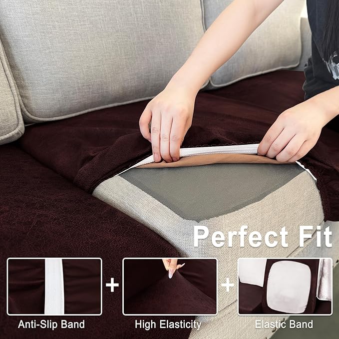 Leather Look Couch Cushion Covers Sofa Seat Slipcovers Sets Couches Furniture Protector for Sectional Armchair Loveseat Pets Kids Stretch Spandex Fabric (2 Cushion Sofa, Burgundy)