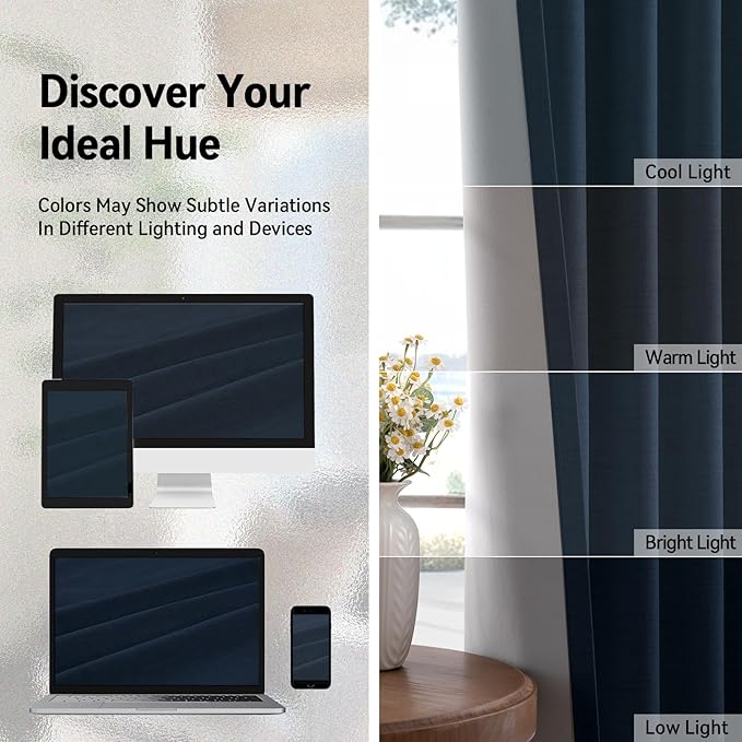 100% Blackout Shield Linen Blackout Curtains for Bedroom, Navy Blue Grommet Curtains for Living Room, Thermal Insulated Room Darkening Drapes for Nursery, Boho Home Decor, 50" W x 72" L, 2 Panels