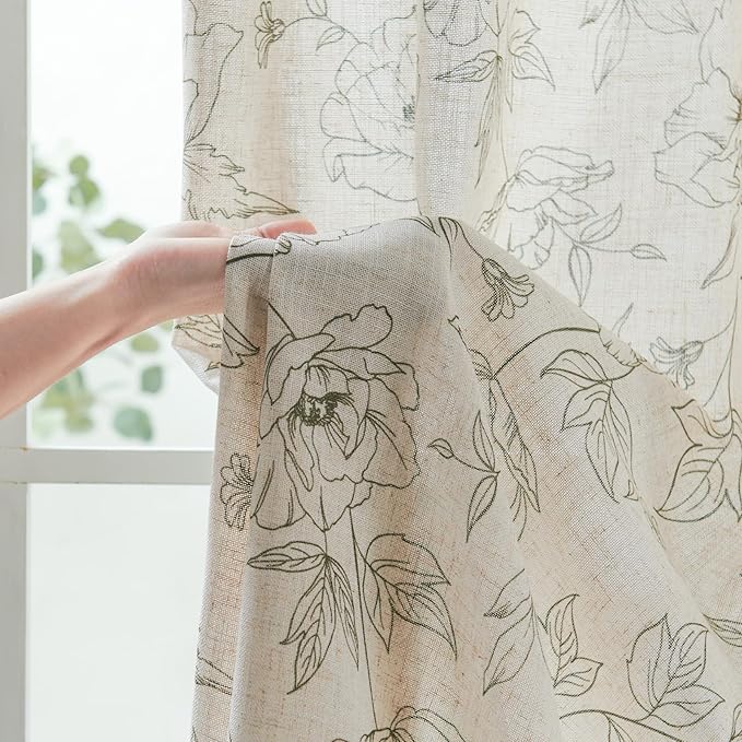 jinchan Floral Linen Curtains for Living Room 96 Inch Length Green Flower Curtain Rod Pocket Back Tab Farmhouse Curtains with Printed Floral Bedroom Window Curtain Set, 2 Panels Green