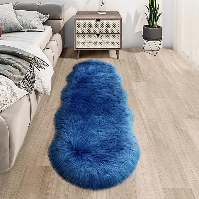 Faux Fur Rug for Bedroom, Fluffy Runner Rugs Soft Sheepskin Rug Sofa Couch Seat Cushion, 2x6ft Dark Blue Plush Area Rug Shag Rugs Floor Carpets for Nursery Bedside, Cute Shaggy Fuzzy Home Decor