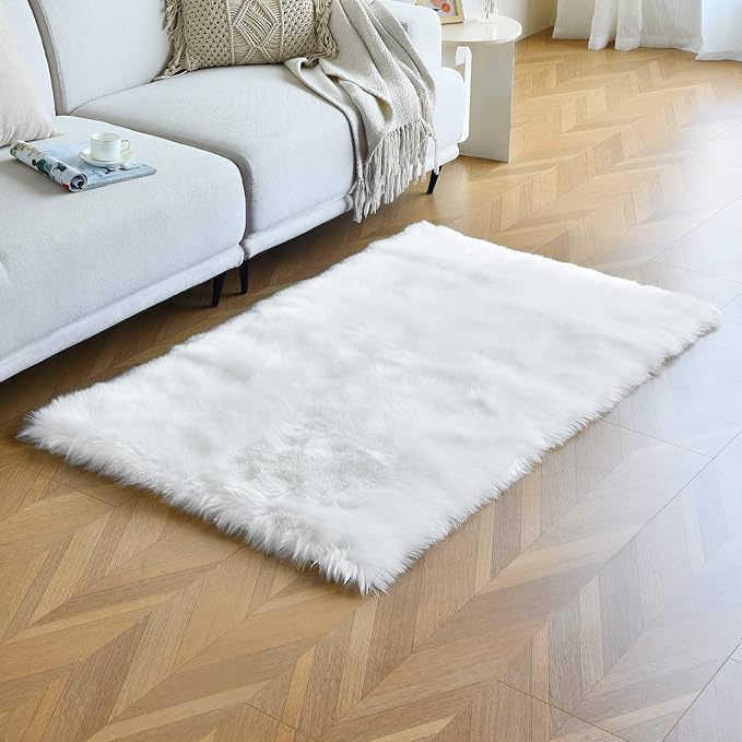 duduta White Faux Sheepskin Fur Rug 3x5 ft, Fluffy Shag Bedroom Dorm Nursery Playroom Carpet Rug Non Slip Washable