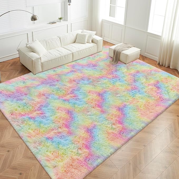 Fluffy Rainbow Colorful Area Rug for Living Room 8x10 Kawaii Tie Dye Rug Fuzzy Indoor Floor Unicorn Rug for Bedroom Girls Kids Nursery Baby Princess Room Dorm Home Decor Aesthetic Carpets