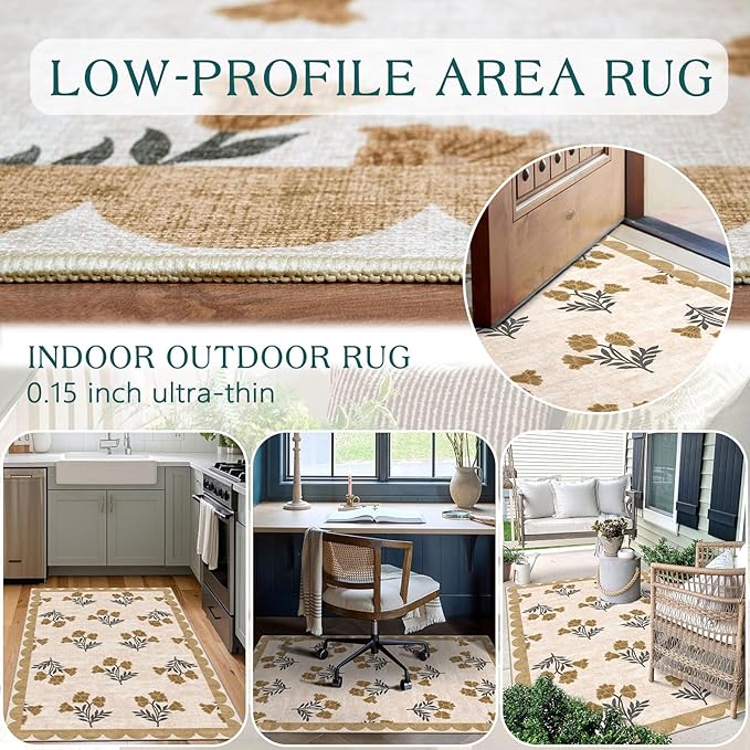 3x5 Floral Entry Rug - Small Washable Indoor Outdoor Mats for Front Door Non-Slip Porch Rug Beige Vintage Farmhouse Throw Rugs for Living Room Bedroom Entryway Kitchen Office Porch Decor