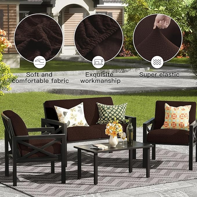 8Pcs Outdoor Cushion Covers, Patio Cushion Covers,Stretch Elastic Slipcovers, Replacement Washable Furniture Protector for Patio Couch,Thick Jacquard Textured Twill Fabric(Coffee,Cover Only)