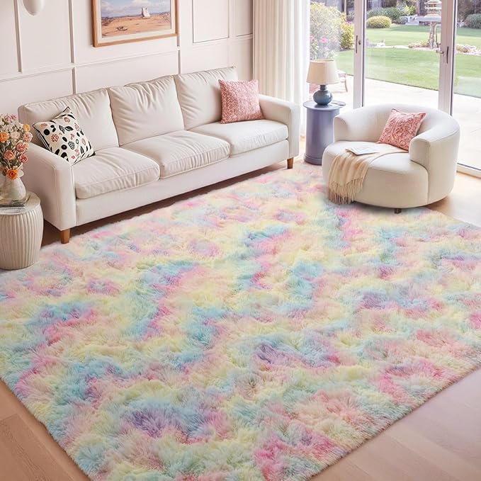 4x6 Ft Shag Kids Colorful Rugs for Bedroom, Ultra Soft Fluffy Furry Area Rugs for Nursery Living Room Indoor Floor, Aesthetic Carpet Home Decor (Rainbow)