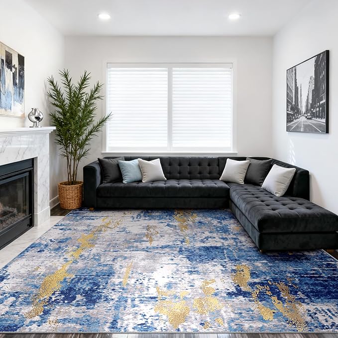 Washable Area Rugs 10'x14' Non-Slip Modern Abstract Soft for Living Room Entryway Bedroom Nursery, Print Pattern, Grey Blue Gold/Golden
