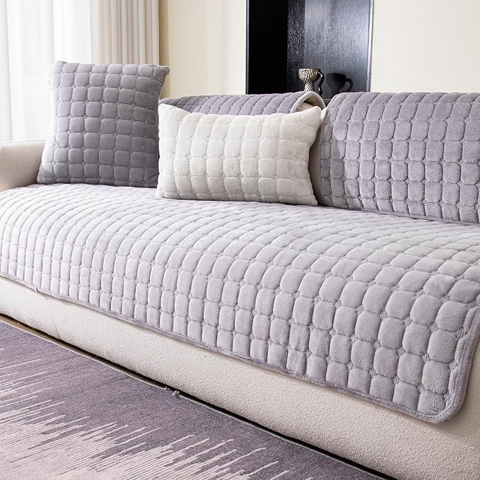 Velvet Couch Cover, Washable Sectional Sofa Cover, Anti Slip Sofa Slipcover for 3 Cushion Couch Sofa L Shaped Armrest Backrest, Furniture Protector Covers for Pets Kids(Light Grey, Only 1 PCS)