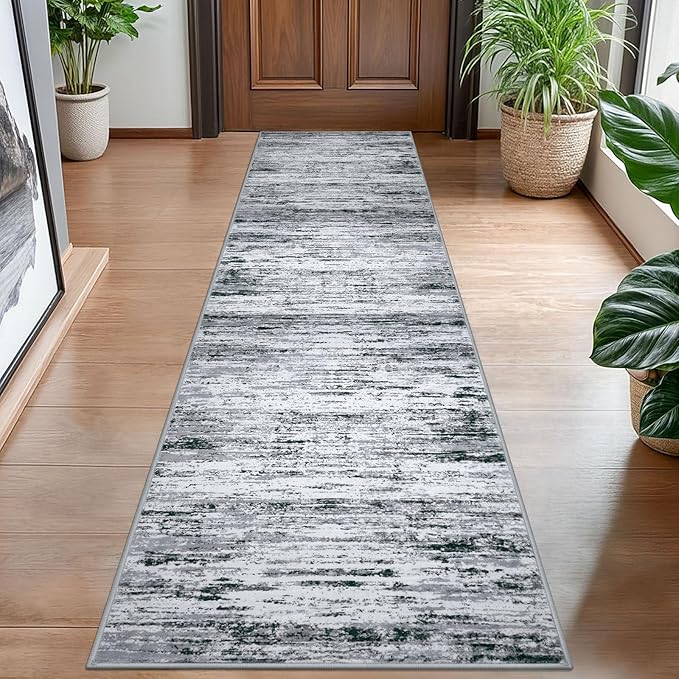 Lansny Modern Abstract Hallway Runner Rug, Black Grey White White Washable Kitchen Runner Non-Slip Soft 2x8 Runner Rug Thin Print Faux Wool Carpet for Entryway Bedroom Laundry Room Indoor Home Decor
