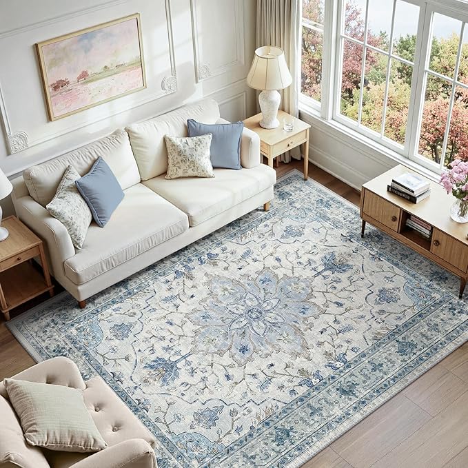 Area Rugs 7'x9' Washable Non-Slip, Floral Vintage Distress Print Pattern Medallion Carpet for Living Room Bedroom Dining Room, Light Blue Navy Beige Gray White