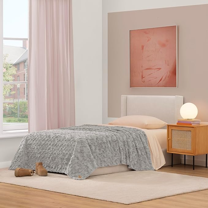 UGG Adalee Faux Fur Twin Blanket, Fluffy Blanket for Bed, Cozy Oversized Throw for Couch, Washable Twin XL Bedding, Luxury Home Decor, 66" x 90", Seal Grey