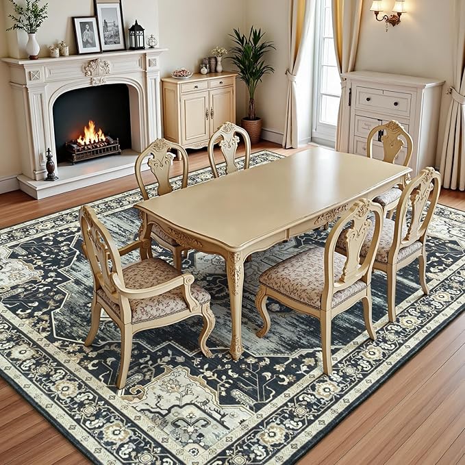 Lofus 5x7 Washable Area Rug, Vintage Floral Rugs for Living Room, Bedroom, Dinning Room, Low Pile Large Area Rugs with Non-Slip Backing, Flower Print Pattern, Black Brown