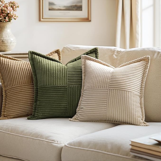 MIULEE Decorative Euro Sham Throw Pillow Covers for Couch Bed Livingroom 24x24 Inch Set of 2 Beige Boho Accent Throw Pllows Broadside Striped Patchwork Soft Corduroy Pillowcases