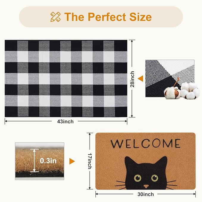 UINI Door Mat Combo Set, 28" x 43" Plaid Mat +17" x 30" Black Cat with Green Eyes Doormat, 2 PCS Welcome Mat Set for Front Door, Entrance, Porch Decor, Non-Slip