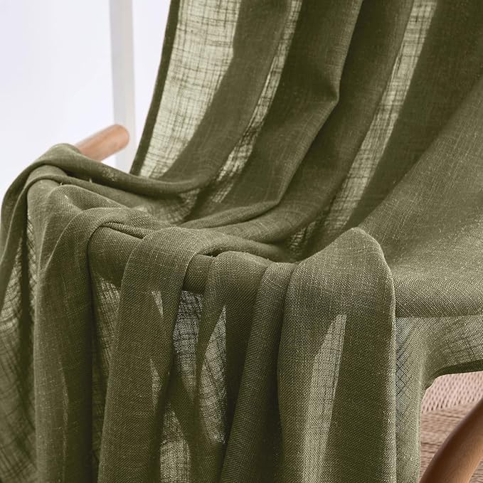 MIULEE Light Olive Green Linen Curtains 90 Inch Long 2 Panels for Bedroom Living Room, Soft Linen Textured Natural Window Drapes Semi Sheer Light Filtering Back Tab Rod Pocket Burlap Look Decor