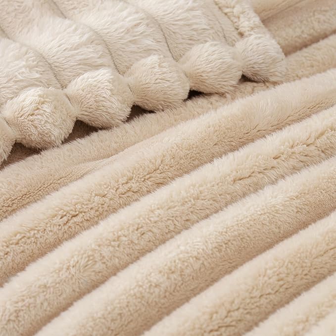 Exclusivo Mezcla Twin Size Flannel Fleece Blanket, Super Soft Striped Jacquard Bed Blanket, Lightweight Fuzzy Cozy for All Seasons, 60x80 Inches, Beige