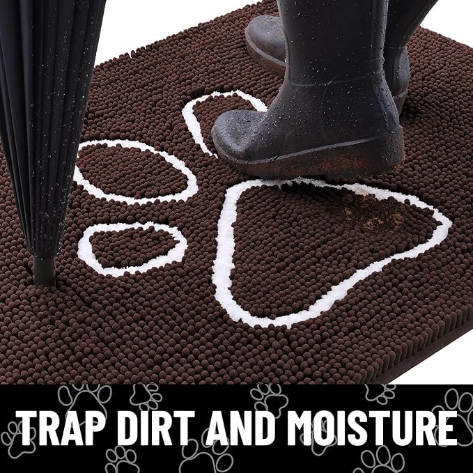 Smiry Dog Door Mat for Muddy Paws, Absorbent Dirt Trapper Non Slip Quick Dry Washable Chenille Mat for Mud Dogs, Entry Rug for Indoor and Outdoor (59x20 Inches, Brown and White)
